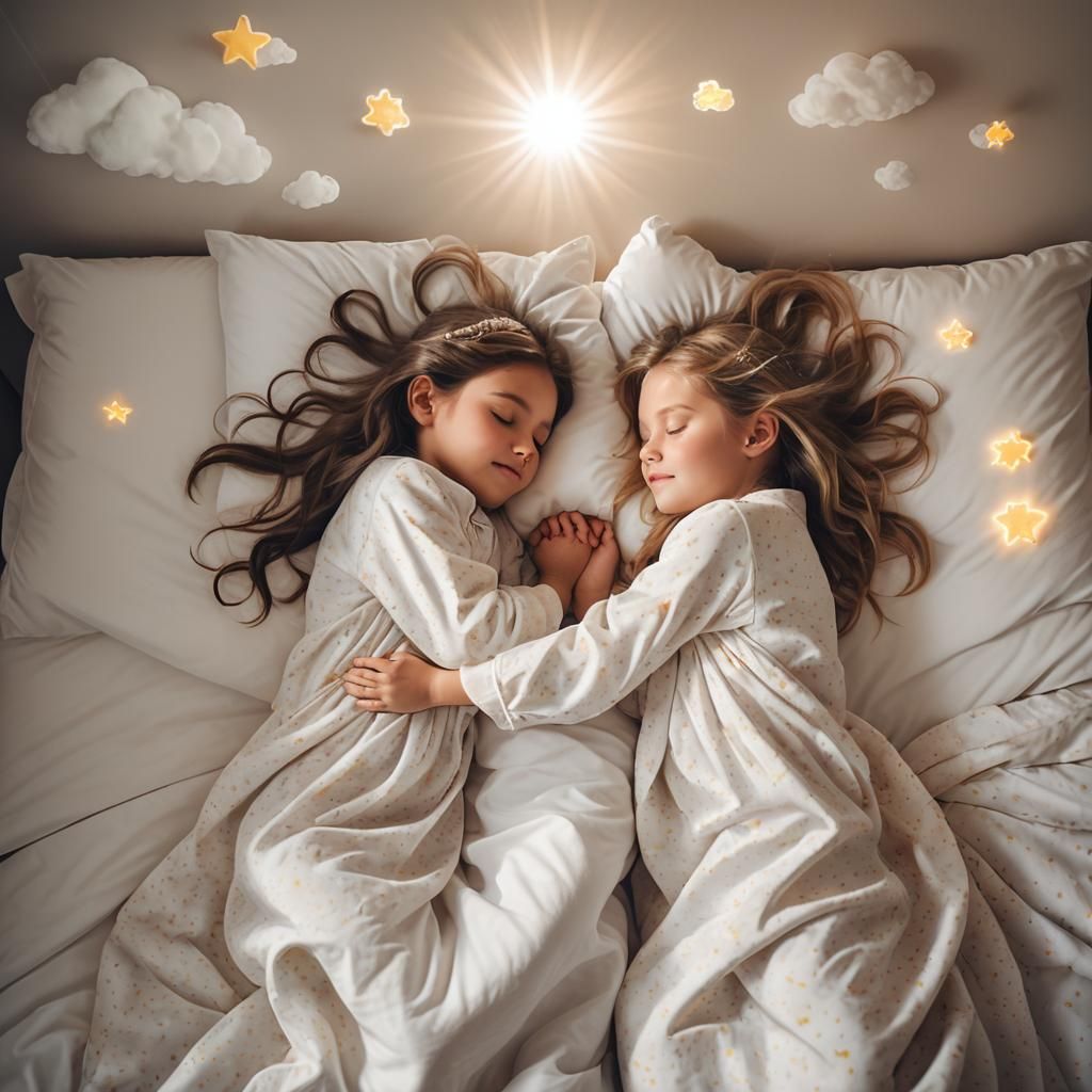 2 small girls sleeping in the same bed at their first sleepo...