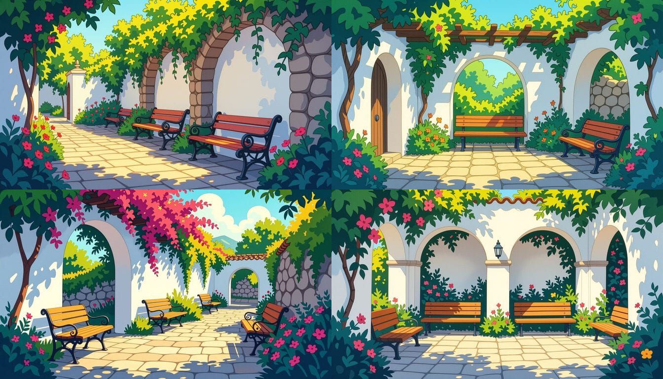 Vibrant Garden Archway with Tropical Plants in Comic Style
