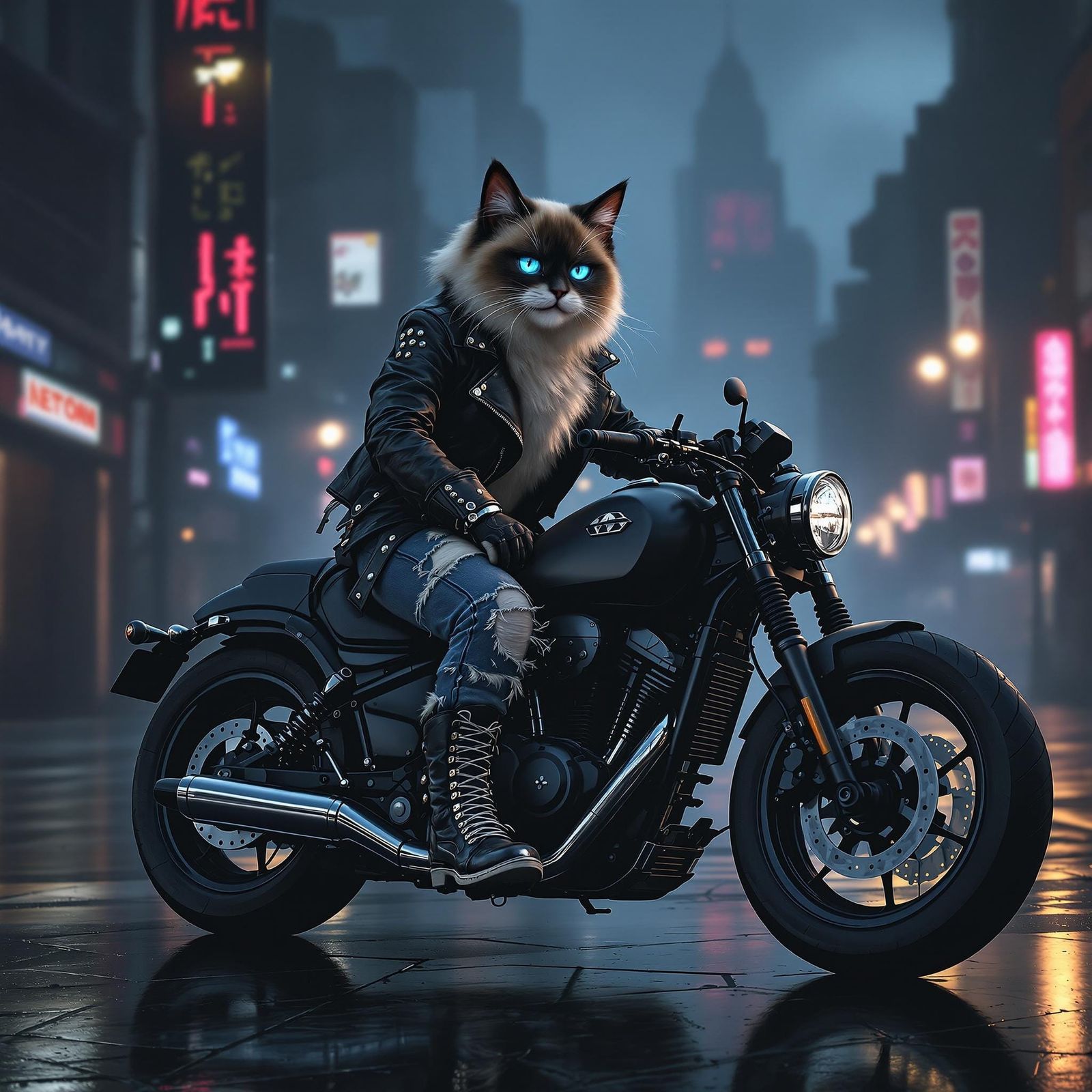 Futuristic Feline Biker in Dark Cityscape