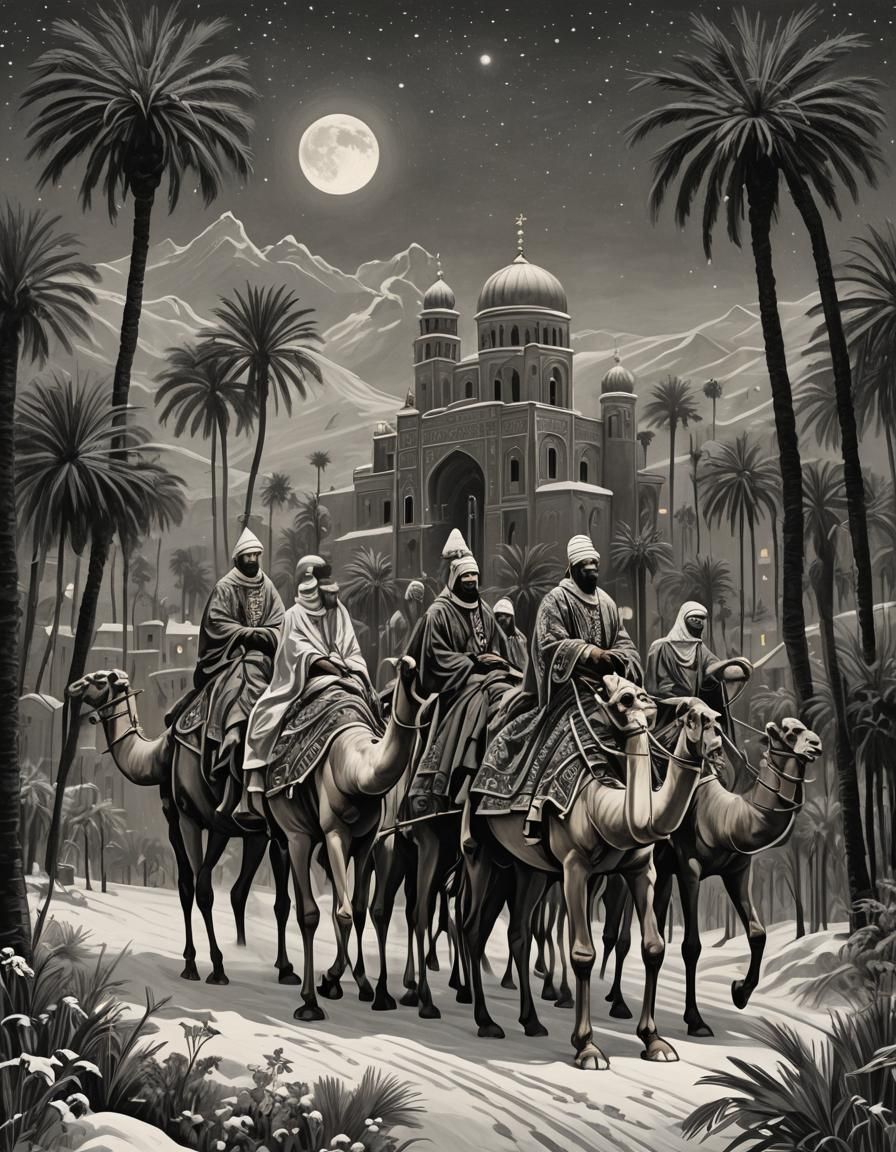 Bethlehem Arrival: Art Nouveau Charcoal Drawing