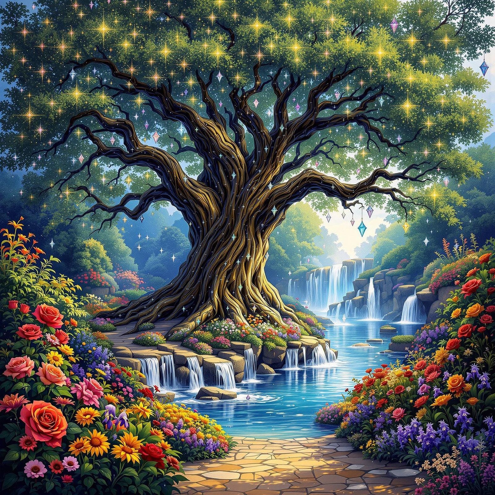 Whimsical Garden Oasis in Vibrant Colors and Polychromatic H...