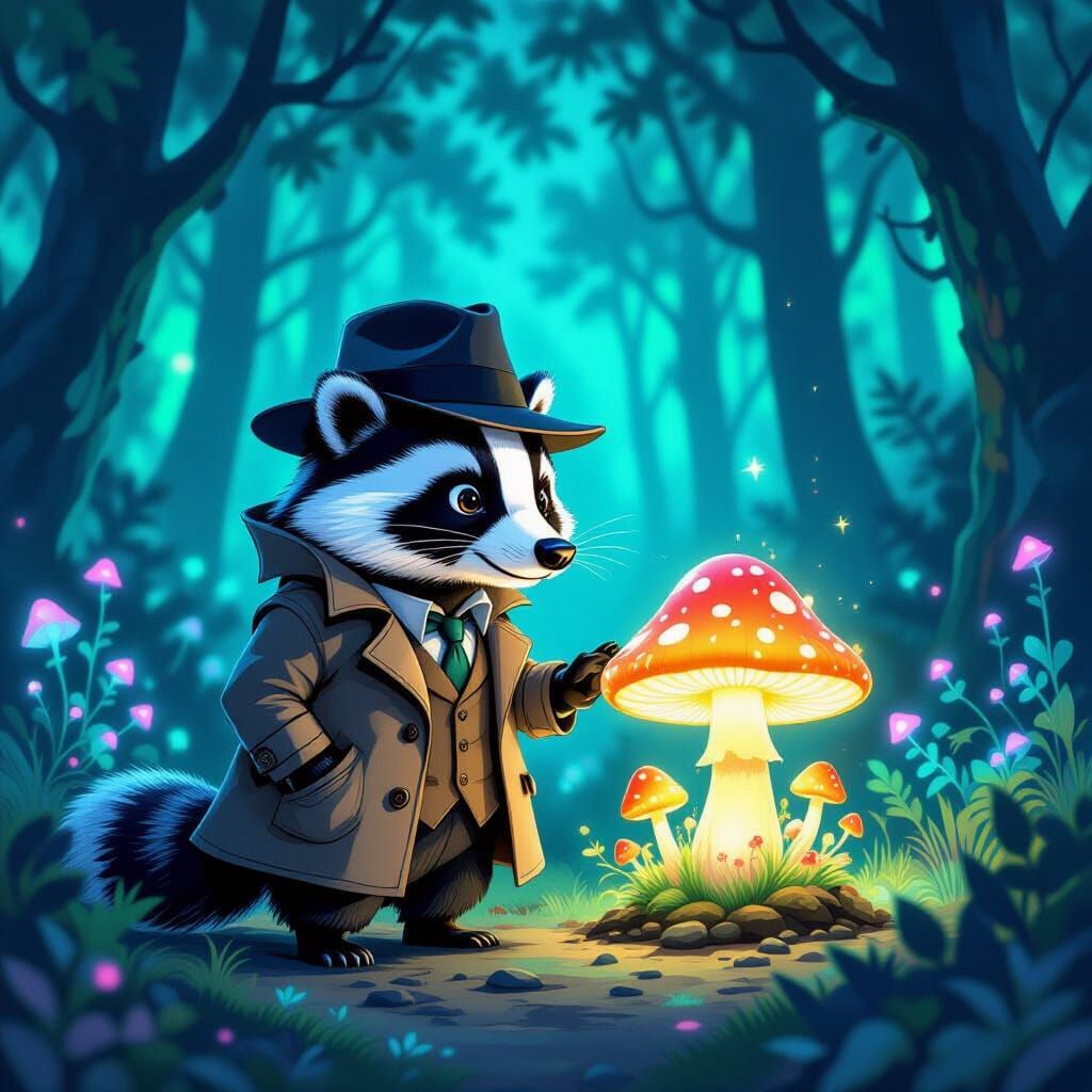 Detective Badger Investigates Glowing Mushroom in Fantasy Fo...