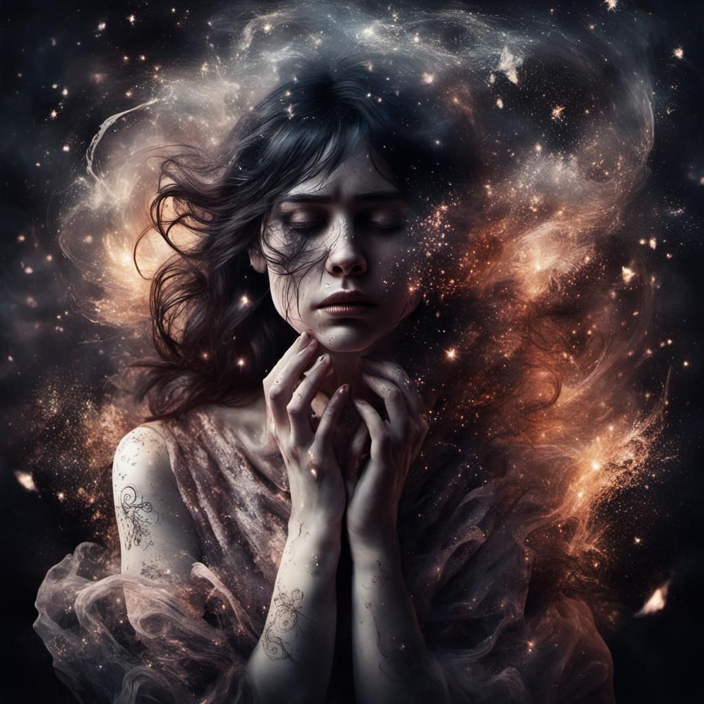 Sad Woman Dissolving into Stardust, Dark Fantasy