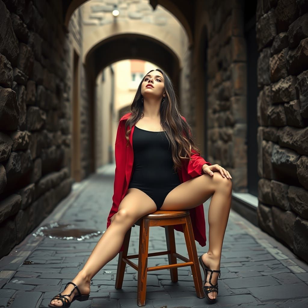 Woman in Red Jacket: Fashion Photography in Cobbled Alley