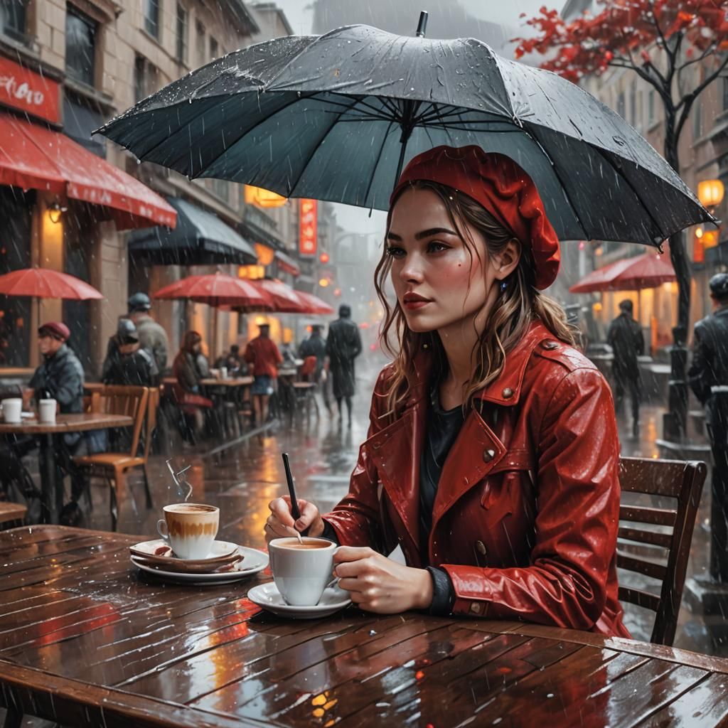 Woman in Rain with Coffee: Hyperrealistic Splash Art