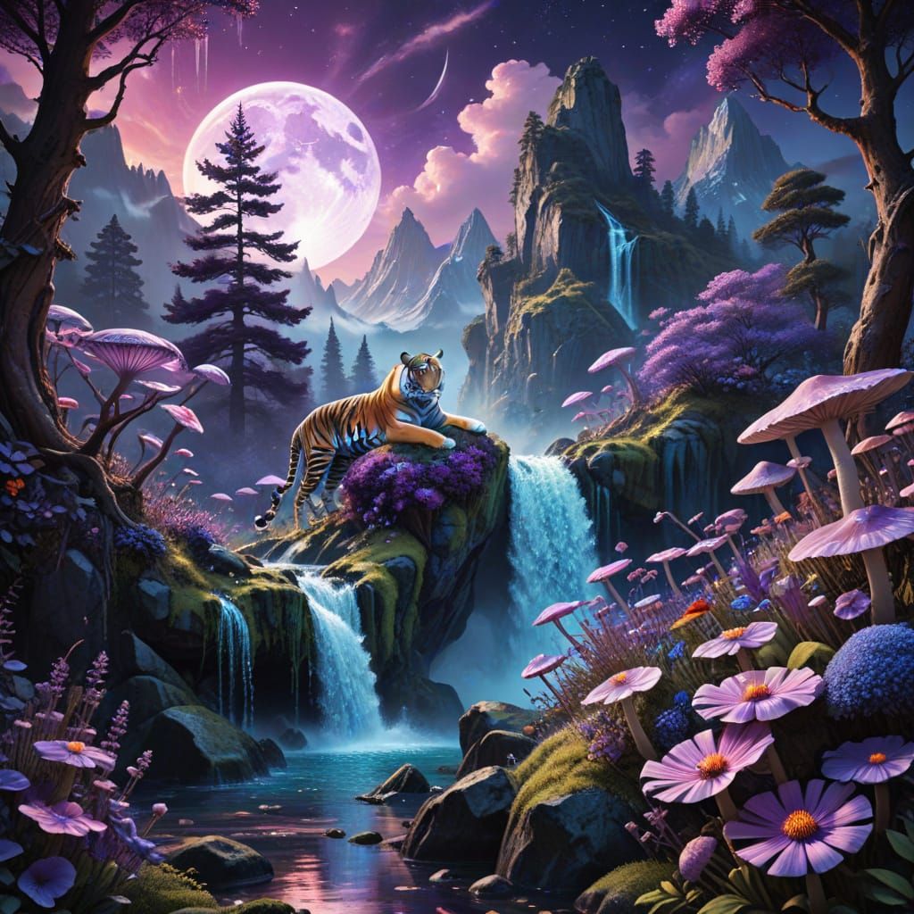 Whimsical Tiger in Vibrant Galaxy Landscape, Oil-and-Waterco...