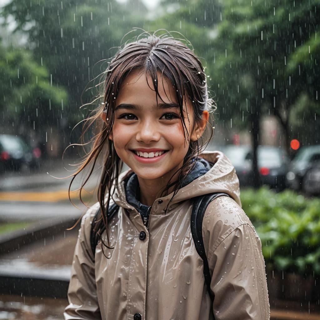 Smiling Girl in Rain: A Digital Art Portrait