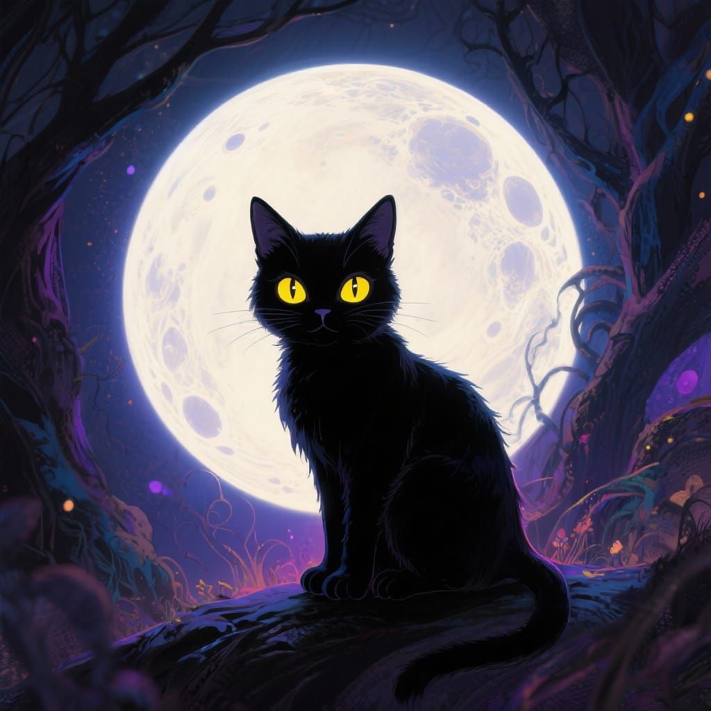 Scary Cute Black Cat Silhouette Against Full Moon