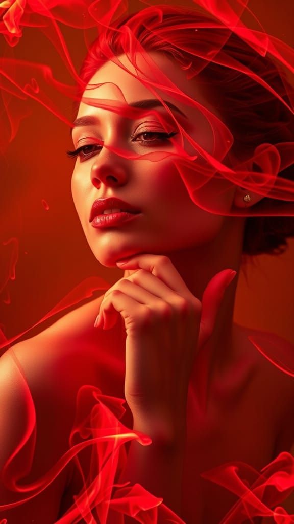 Red Smoke Lady on Ochre Background Art