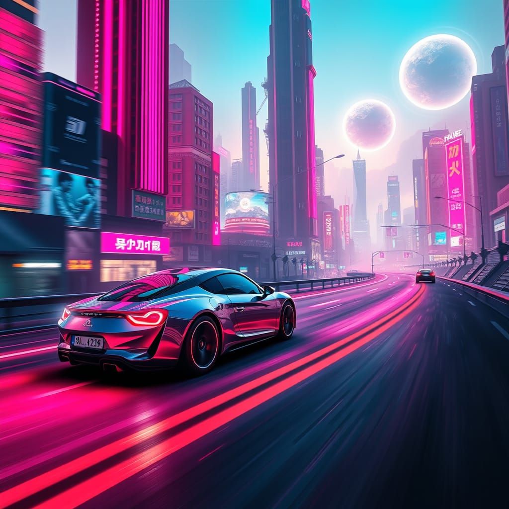 Cyberpunk Alpine A110s Speed Across a Distant Planet