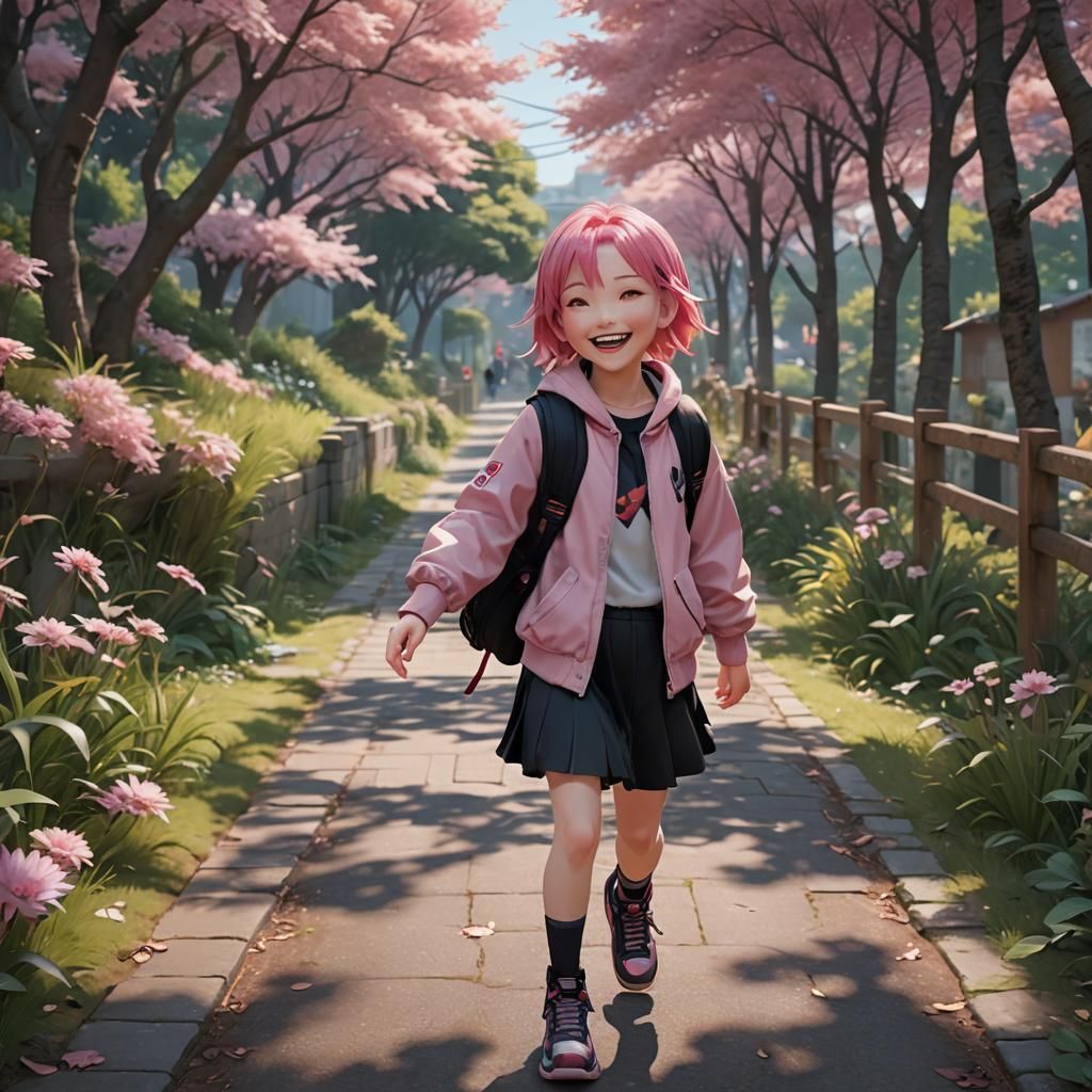 Pink-Haired Girl Walking Happily: 3D Anime Art