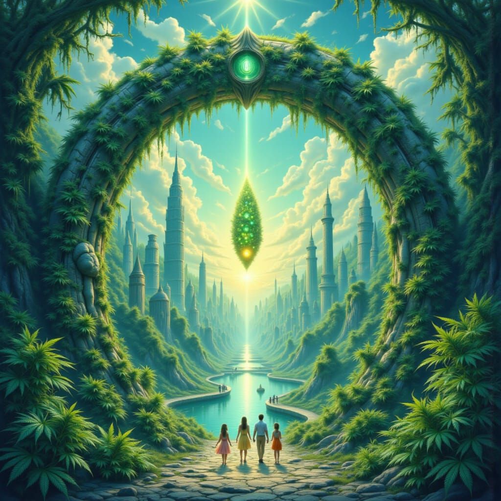 Futuristic Cannabis Utopia in Tarot Card Style