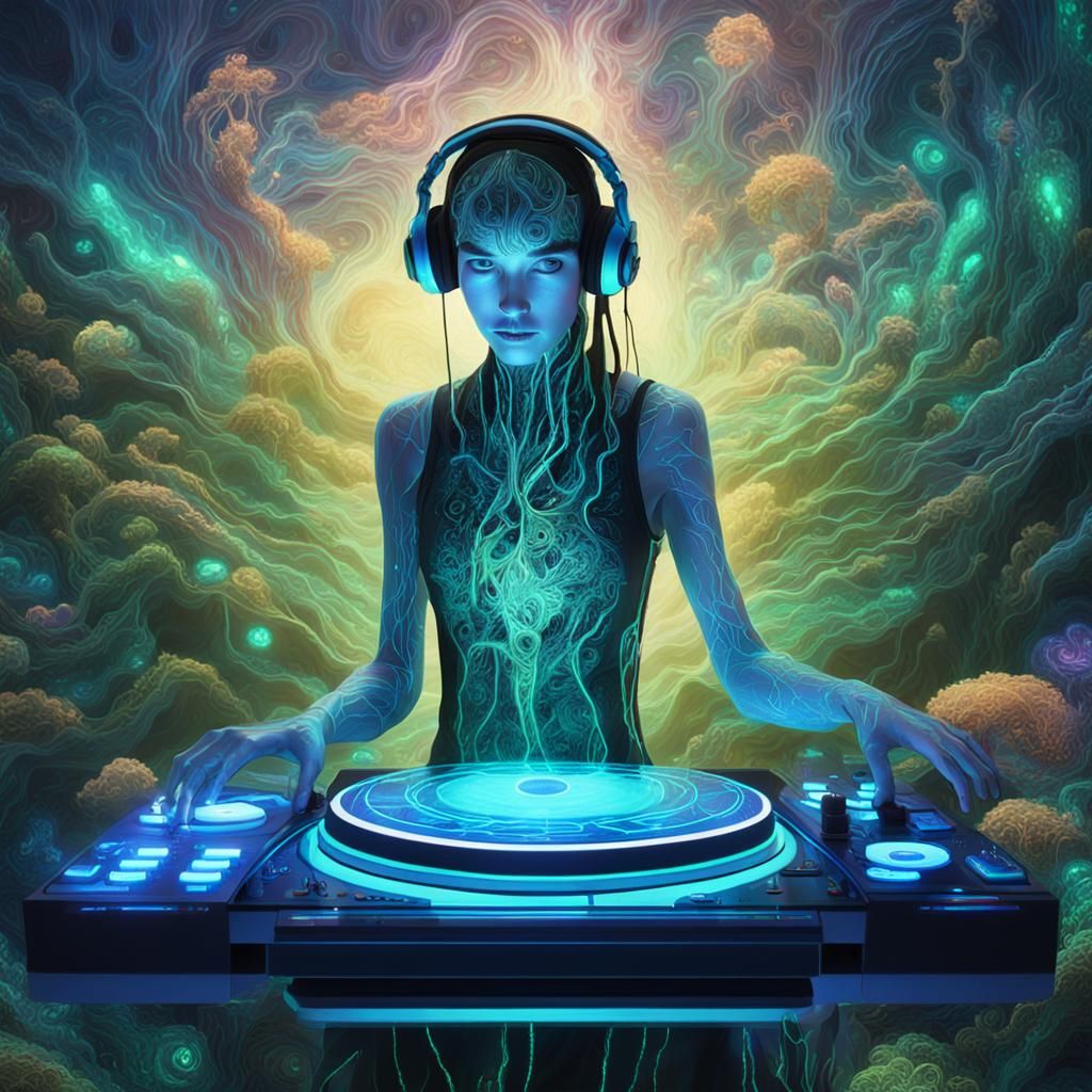 Cybernetic DJ in Bioluminescent Glade