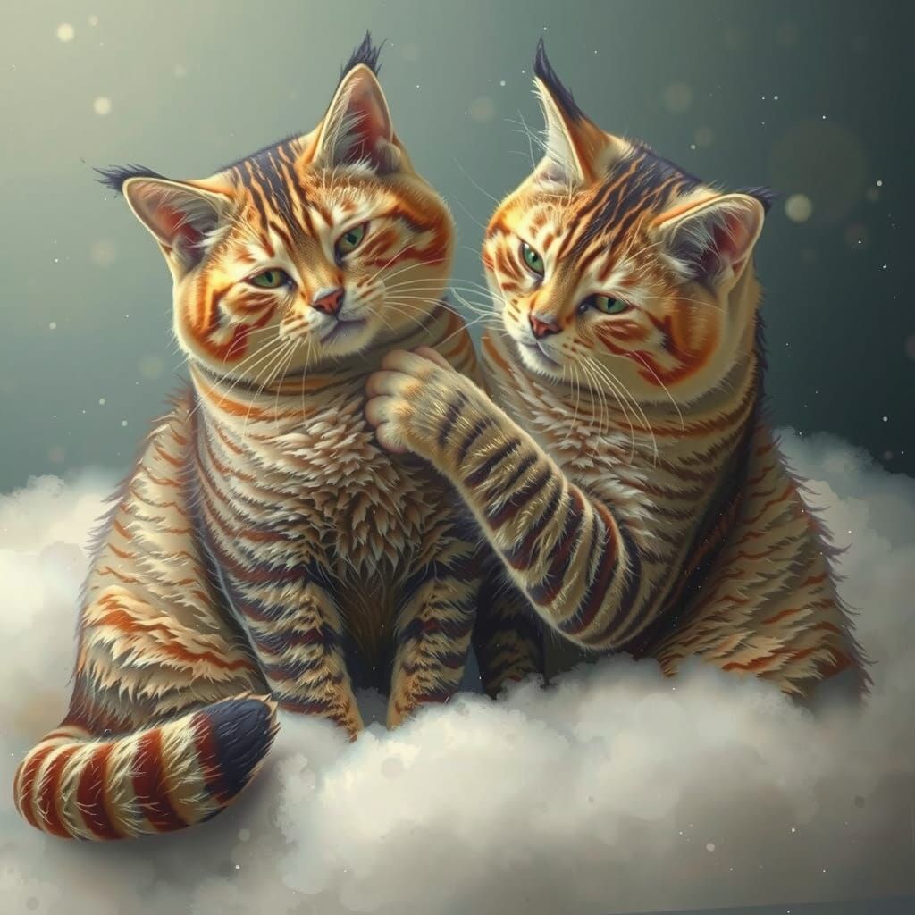 Cats Grooming on a Cloud in Hyperrealistic Style