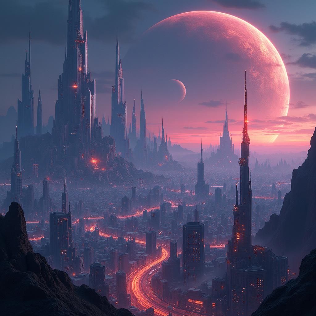 Futuristic Metropolis on Alien Planet in Matte Painting Styl...