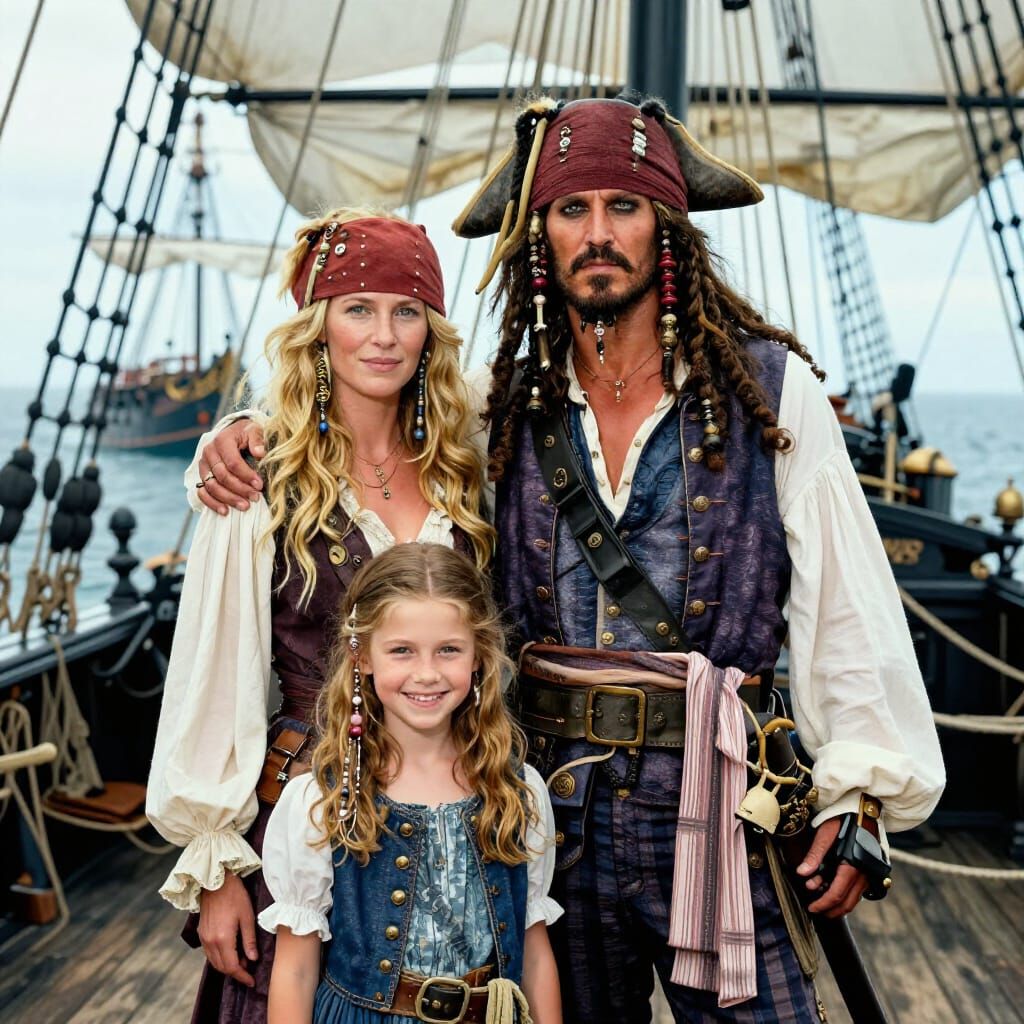 Pirate Captain's Family Poses on Ship Deck