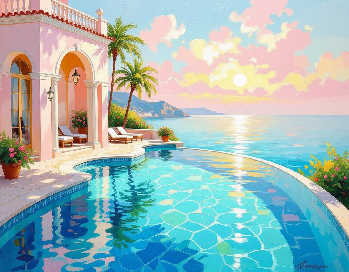 Modern Infinity Pool Painting in Rococo Impressionist Style