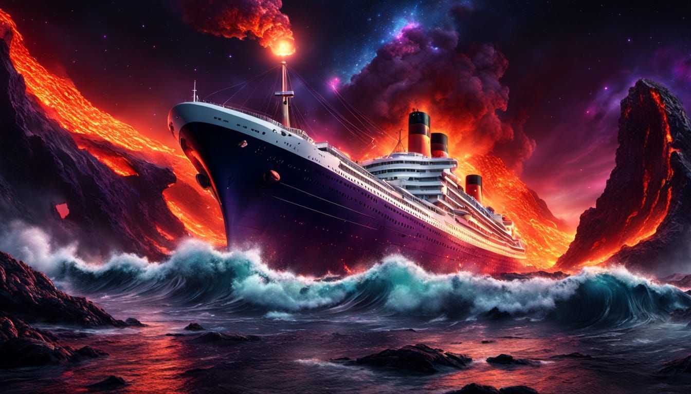 Celestial Ocean Liner Sinking into Lava Sea