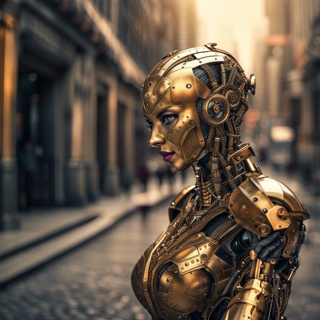 Hyperrealistic Robot Woman in Golden City