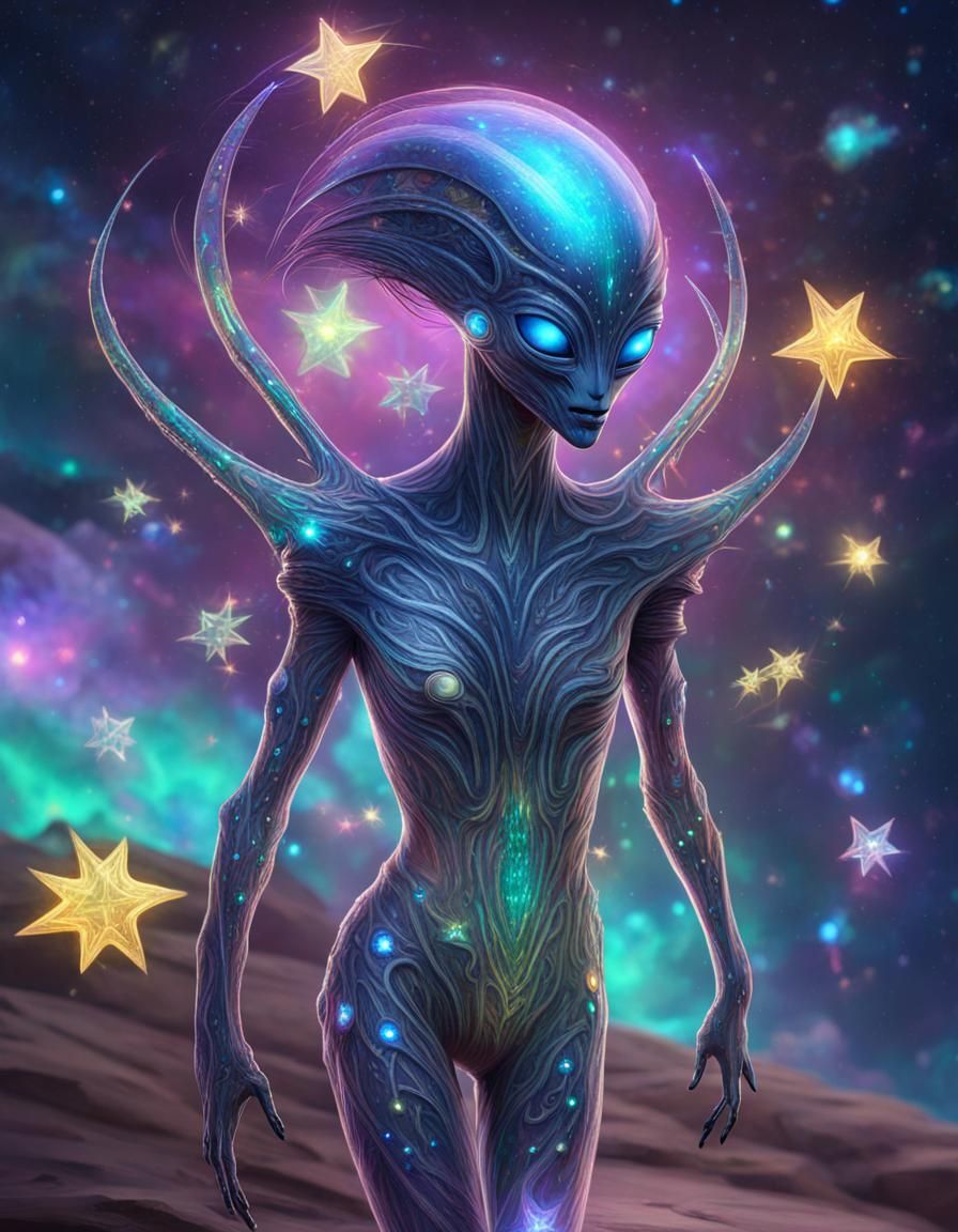 Holographic Bioluminescent Alien Among Jeweled Stars