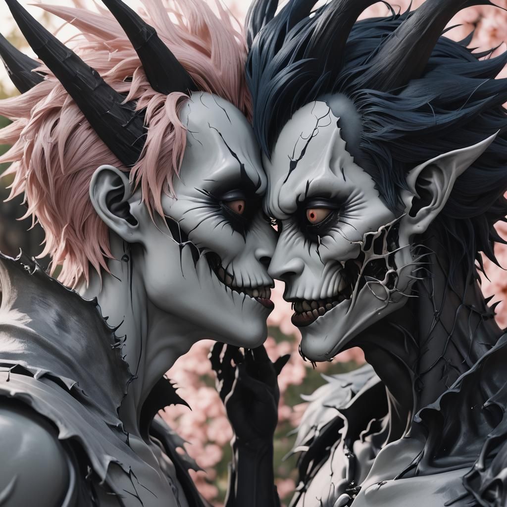 Ryuk and Rem Shinigami Kissing in 3D Anime Style