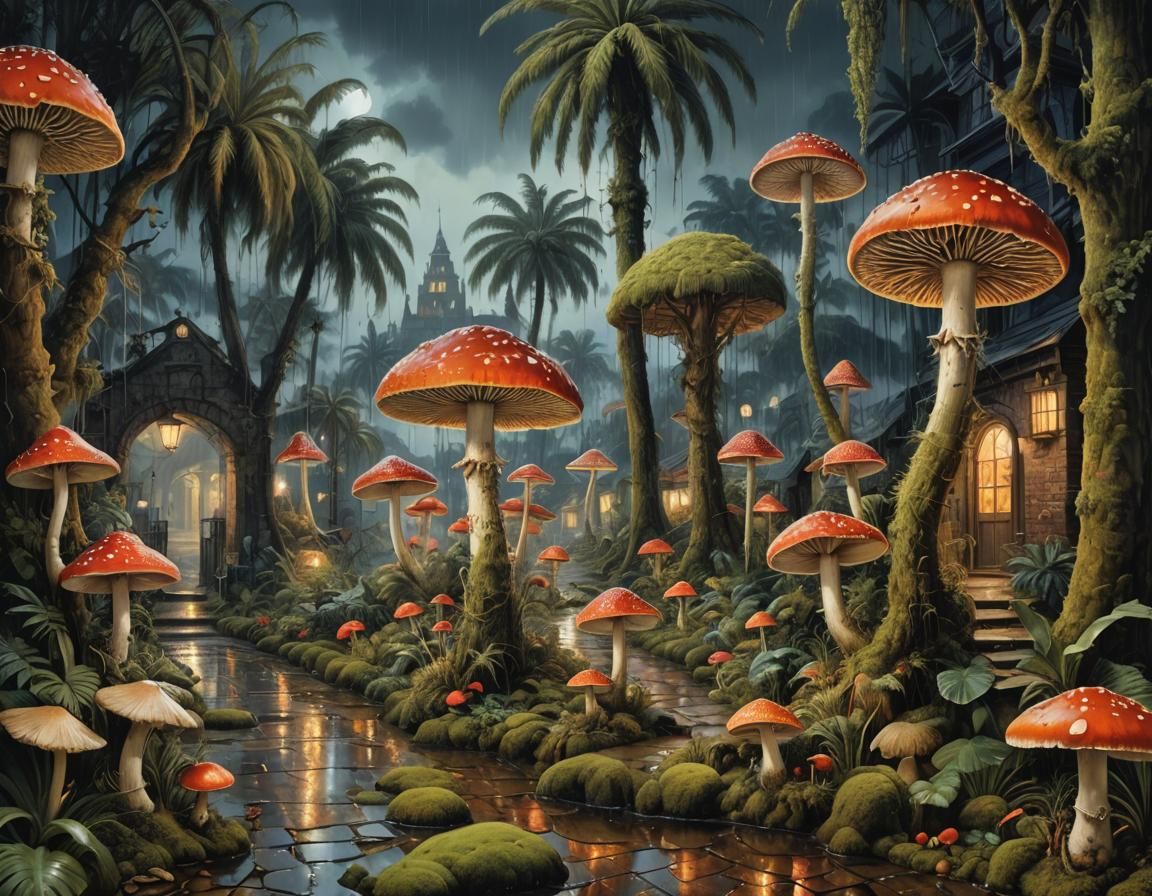 Gothic Surrealism: Moons over Mushroom Street, Digital Paint...