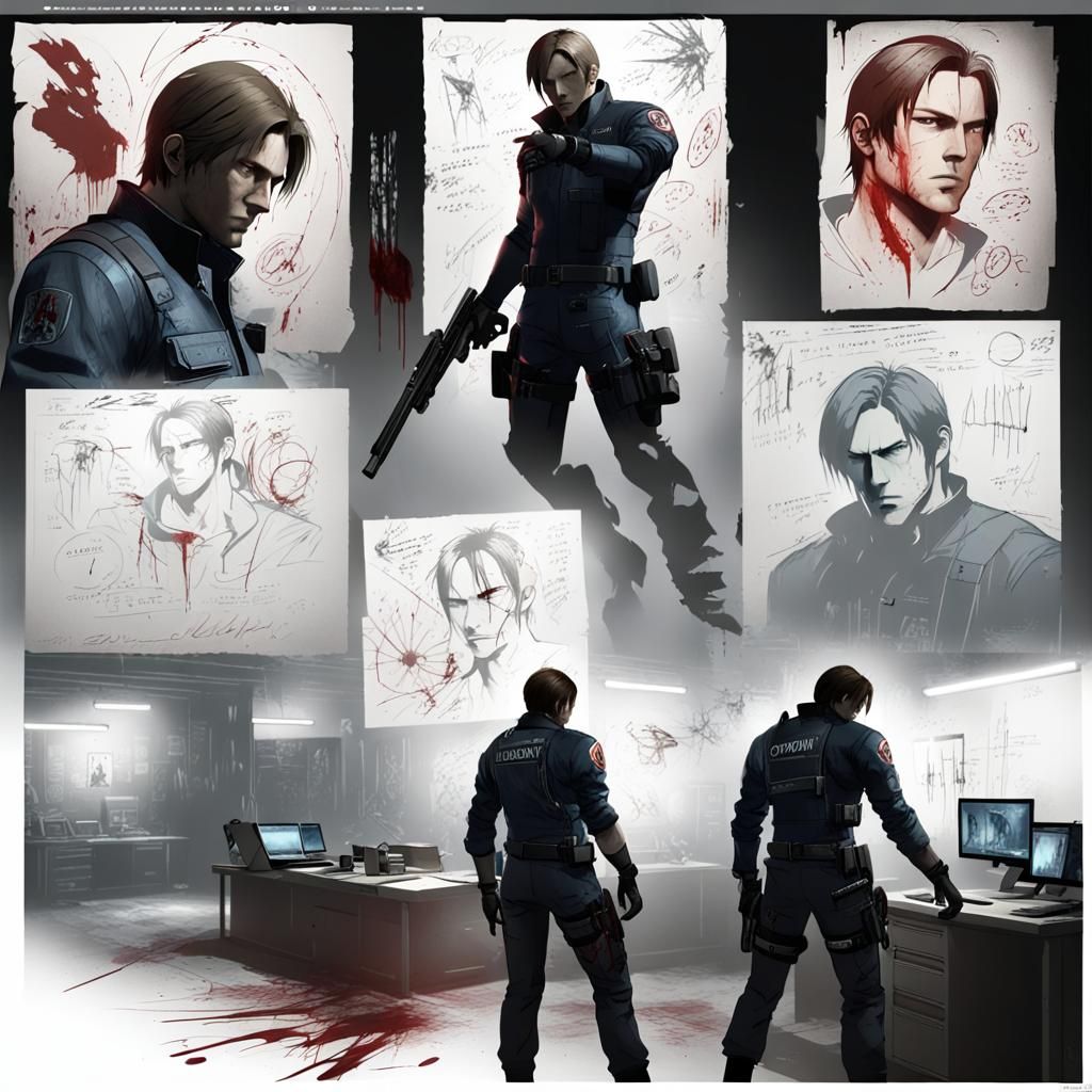 Art by Capcom's concept artists, sketch of Leon Kennedy in Resident Evil 2 Remake's NEST lab, tense atmosphere, advanced...