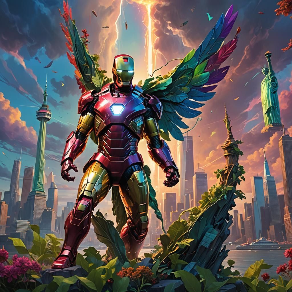 Iron Man Flies Before Liberty Statue in Fantasy Art