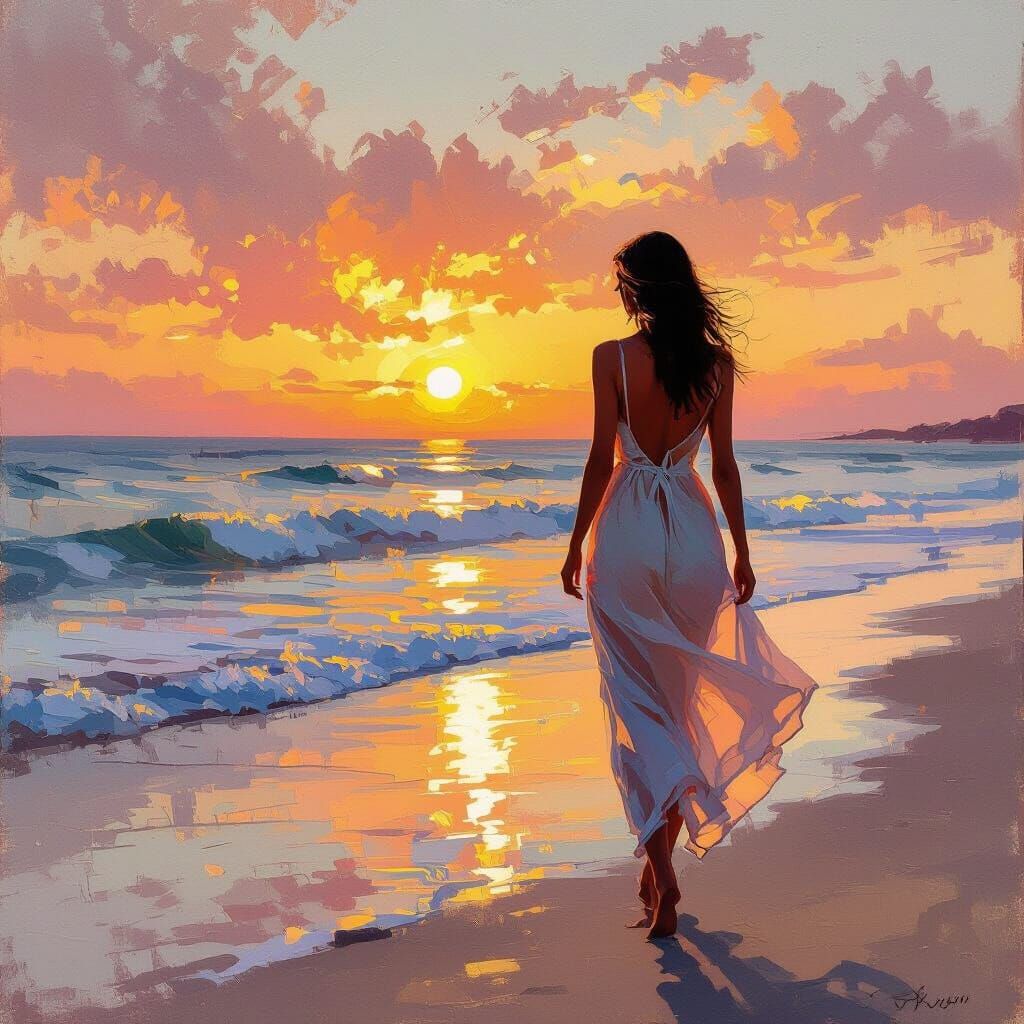 Woman on Beach at Sunset in Impressionist Oil Painting Style
