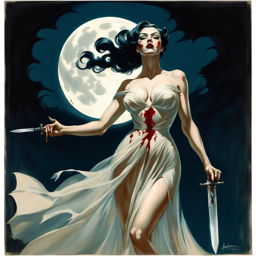 Provocative Woman with Dagger in Moonlight