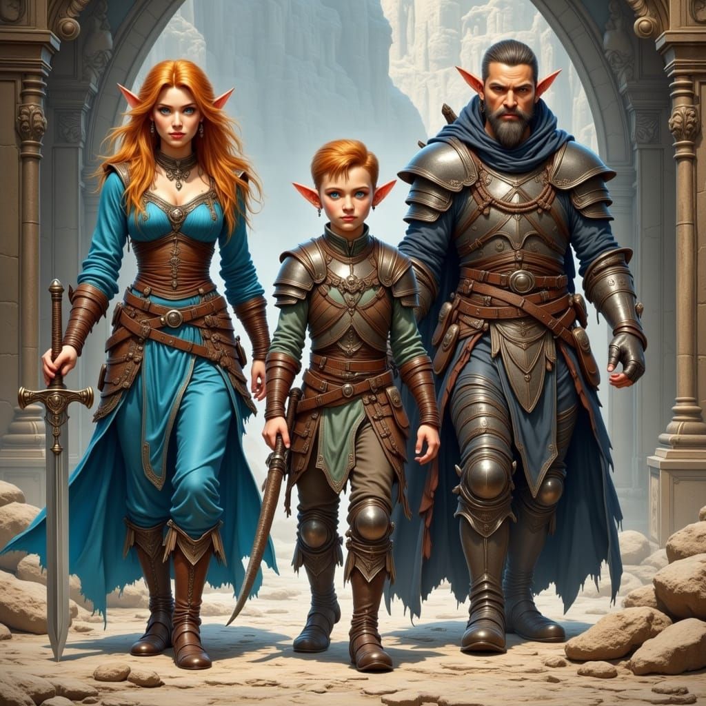 Elegant Adventurers in Ancient Temple Ruins