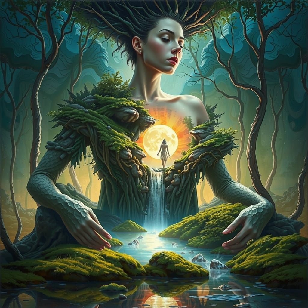 Surreal Woman Lost in Turbulent Landscape