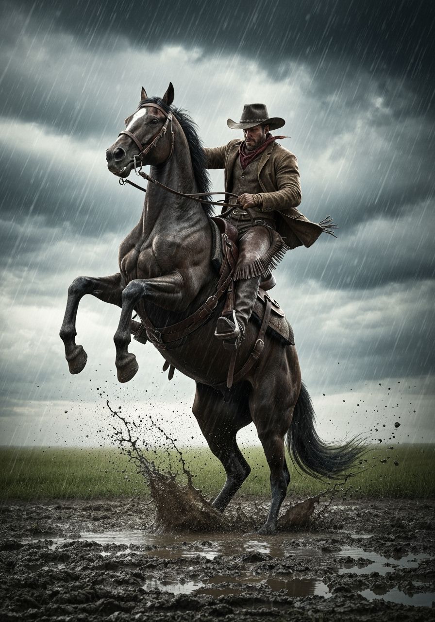 Dramatic Cowboy on Rearing Horse in Muddy Rainstorm
