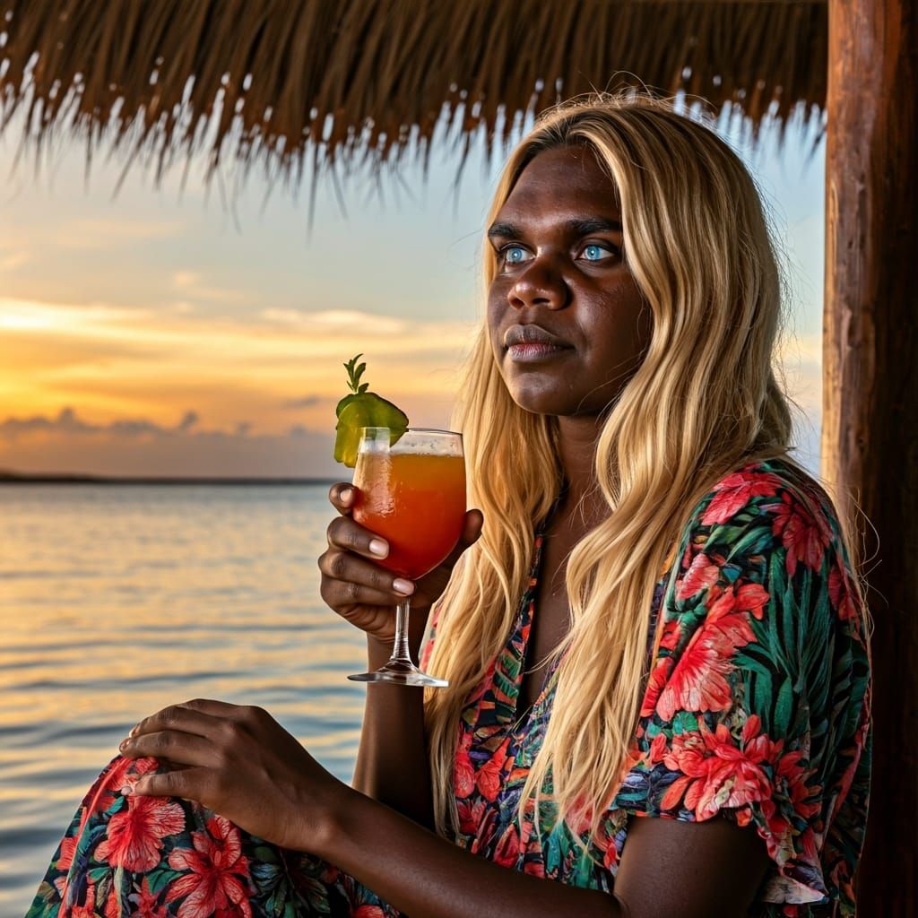 Striking Portrait of Aboriginal Woman with Cocktail at Sunse...