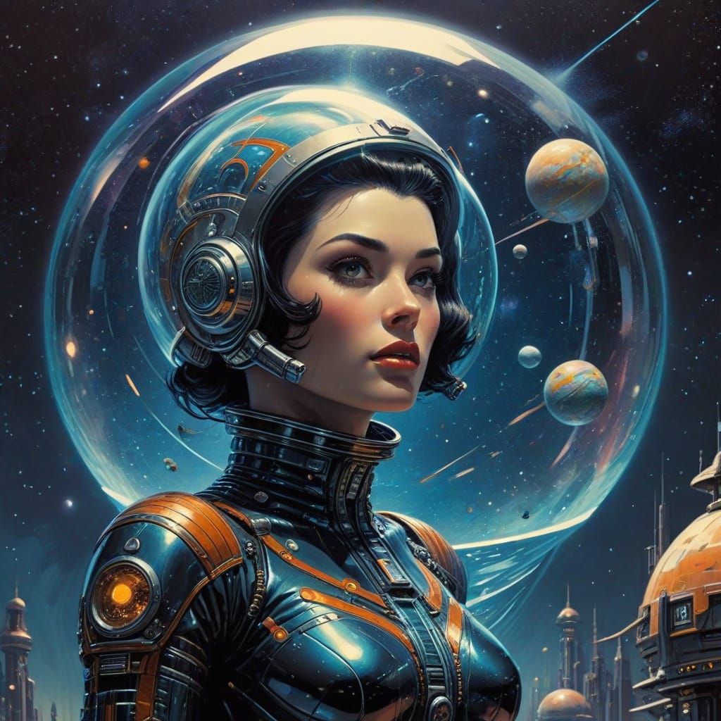 Humanoid Star Creatures in Retro-Futuristic Cosmic Landscape