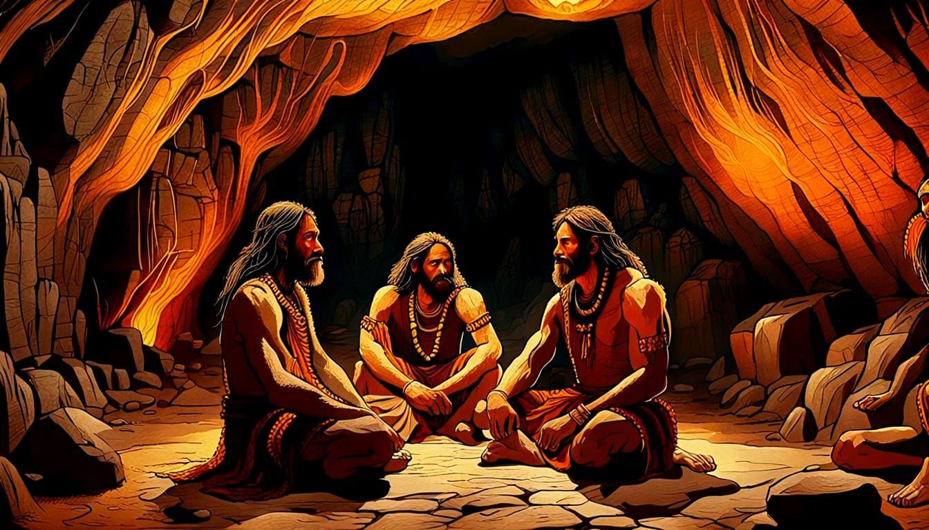 Cavemen Around Fire, Zentangle Cave Art