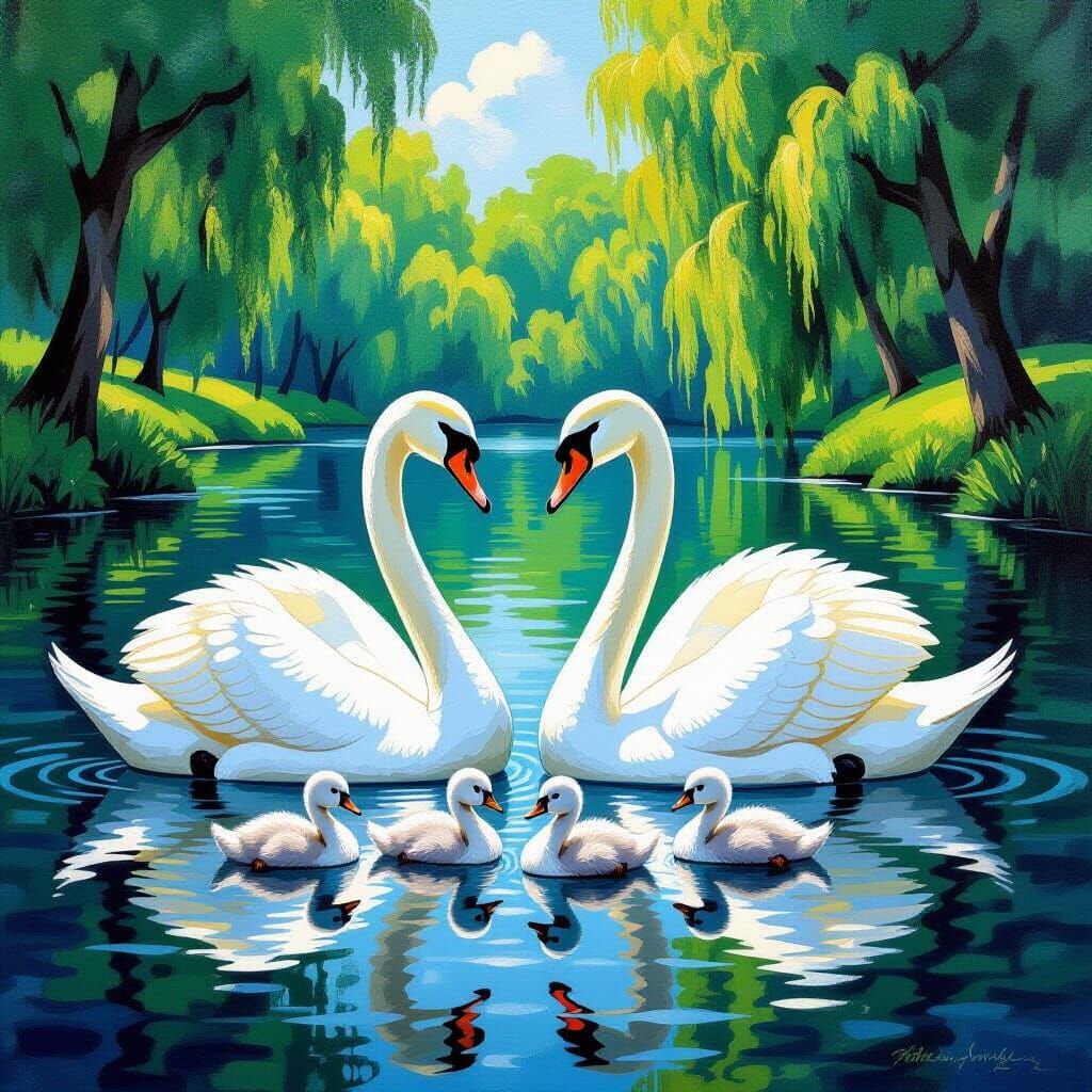 Elegant Swans on Lake as Impasto Painting