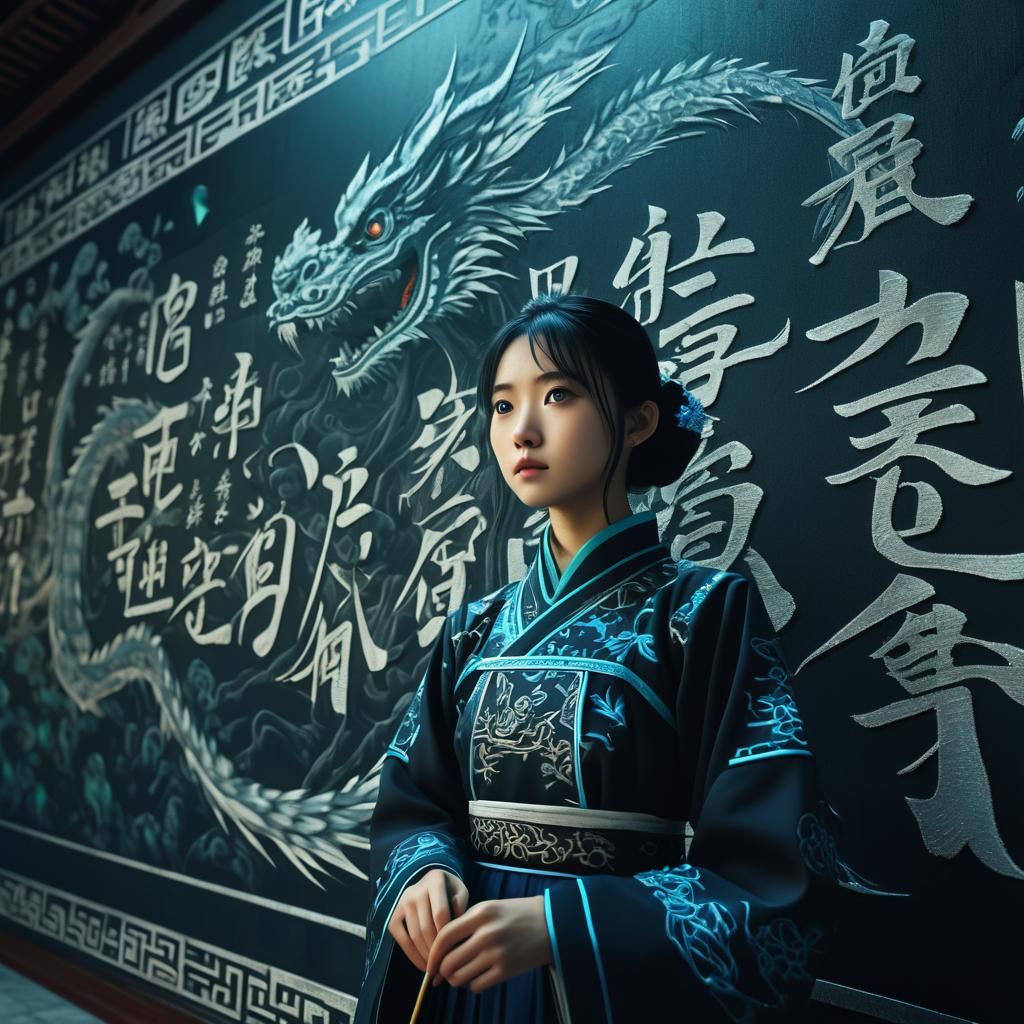 Anime Woman Writing Chinese Calligraphy in Holographic Style