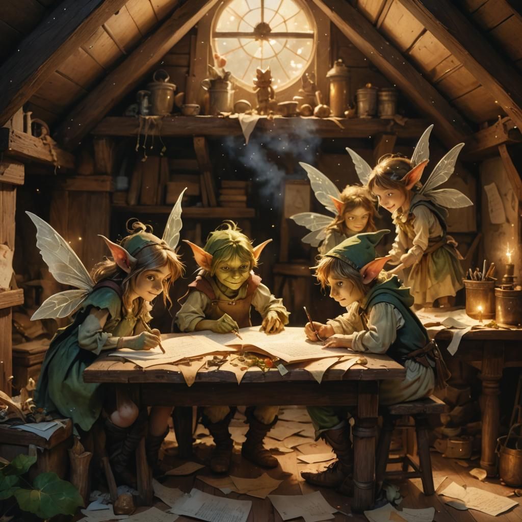Fairies and Goblins Writing in Attic: Watercolor Illustratio...
