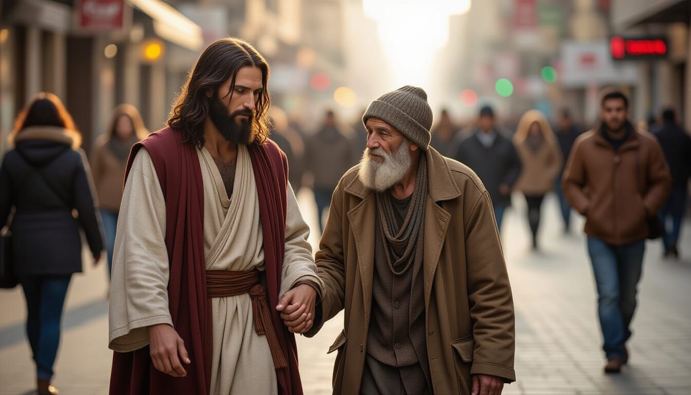 Modern Jesus Portrait with Homeless Man