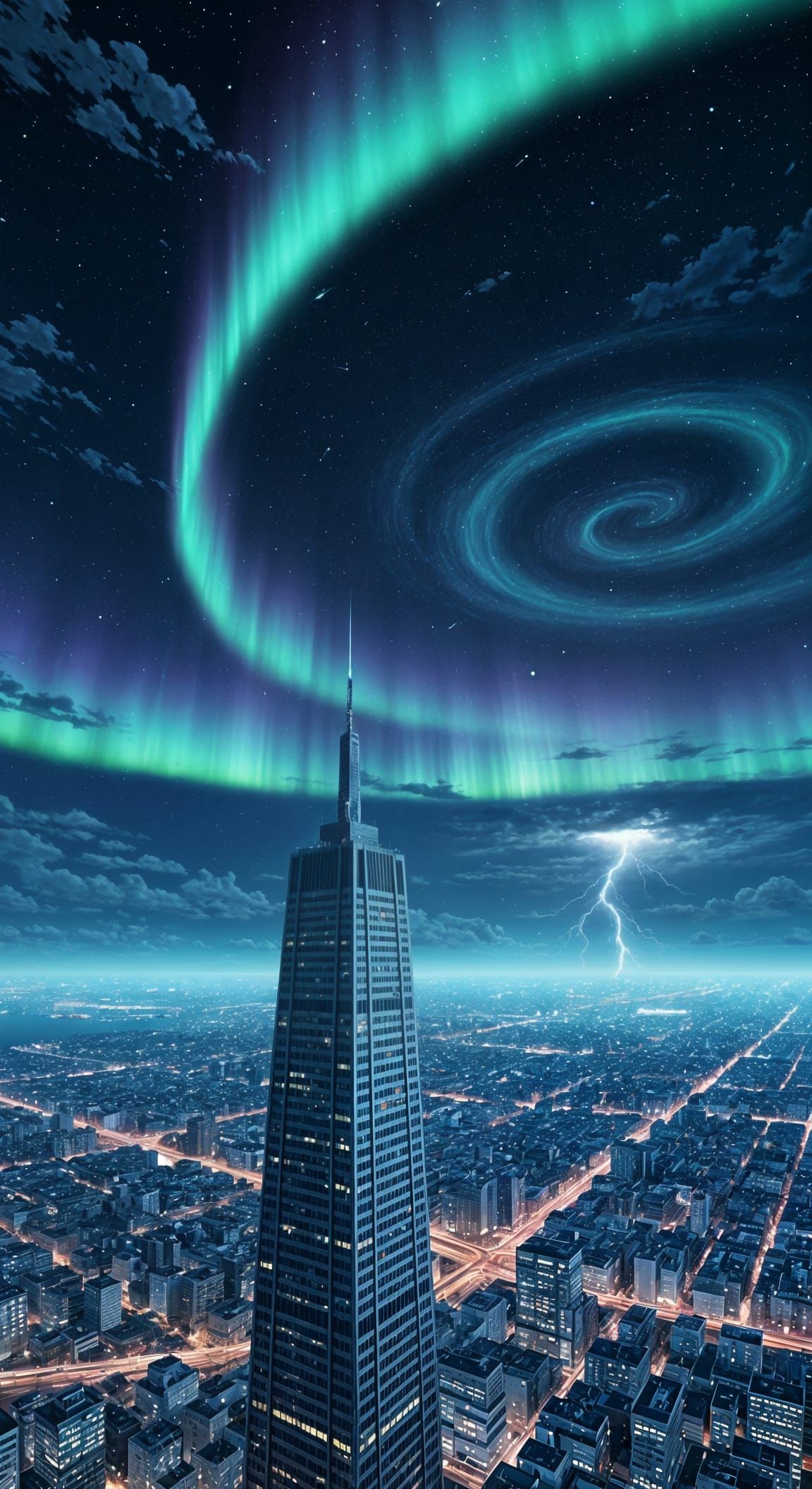 Night Cityscape with Aurora in Anime Style