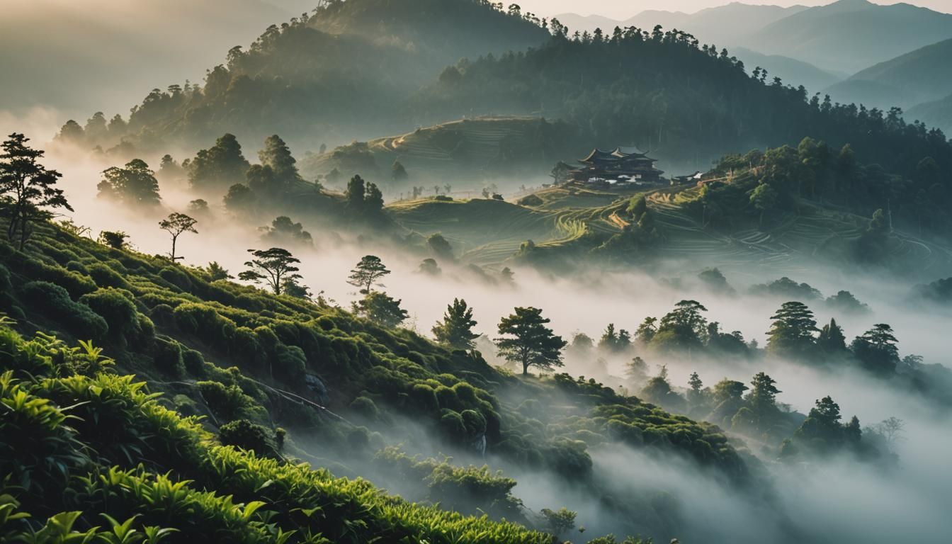 Foggy Dawn Over Mountain Tea Garden