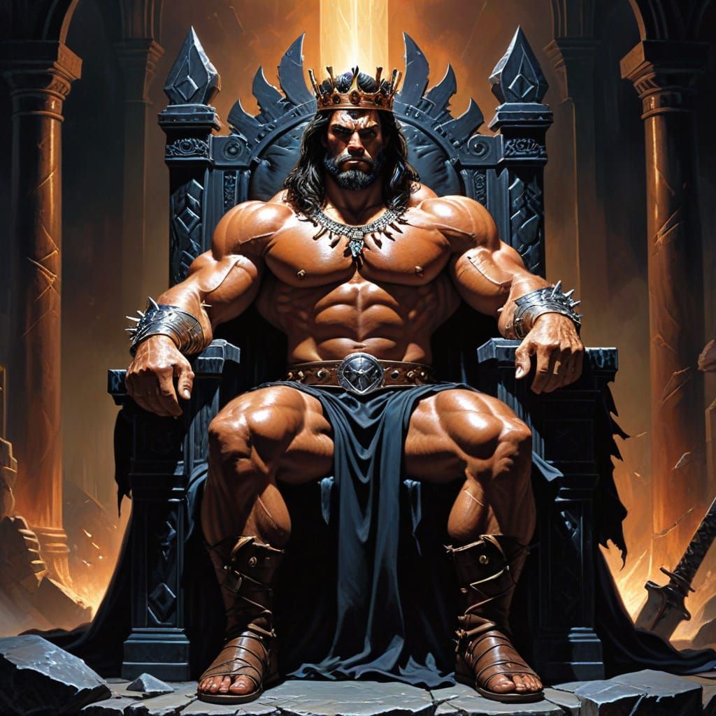 Barbarian King on Throne with Sword, Fantasy Art