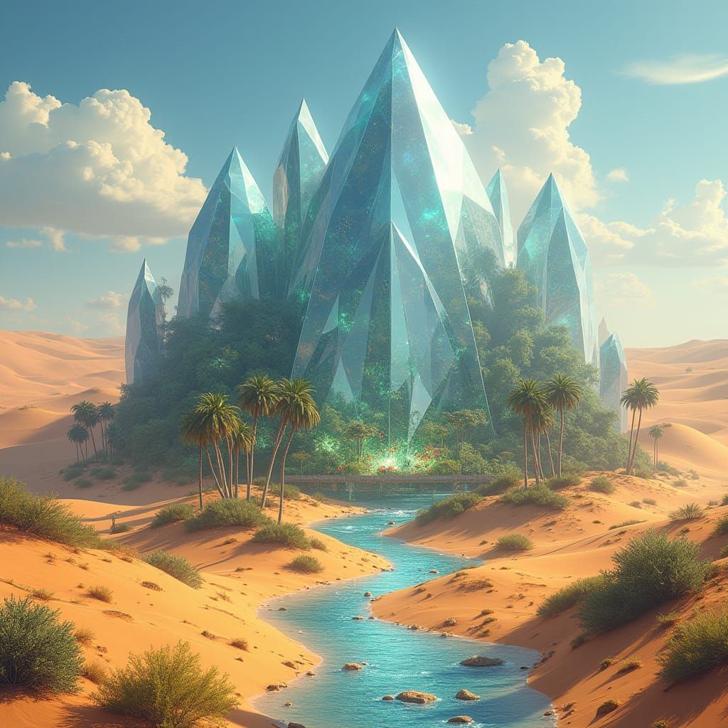 Diamond Mountain Oasis in Surreal Desert Landscape