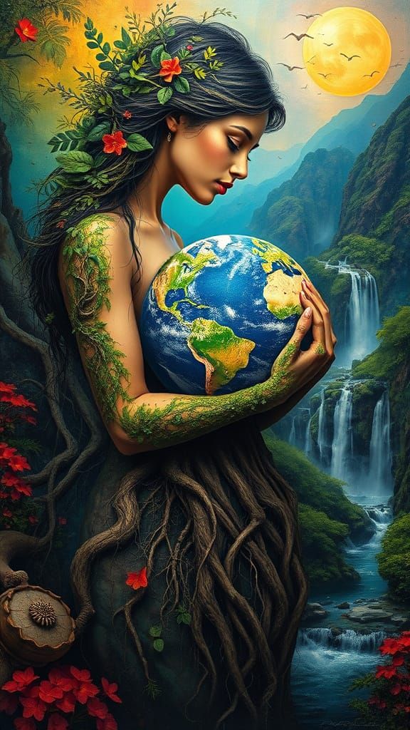 Ethereal Green Woman Embraces Earth in Surreal Landscape