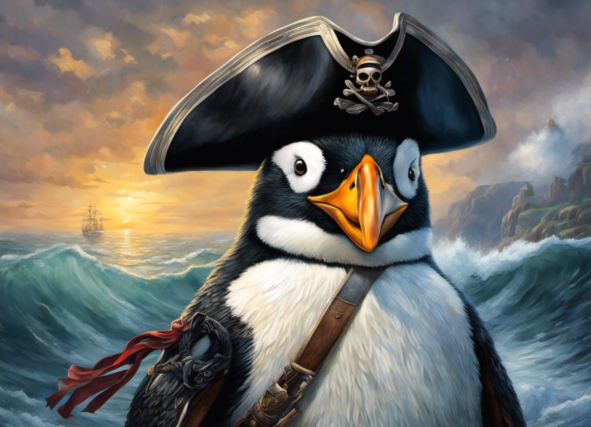 Photorealistic Pirate Penguin on the Ocean