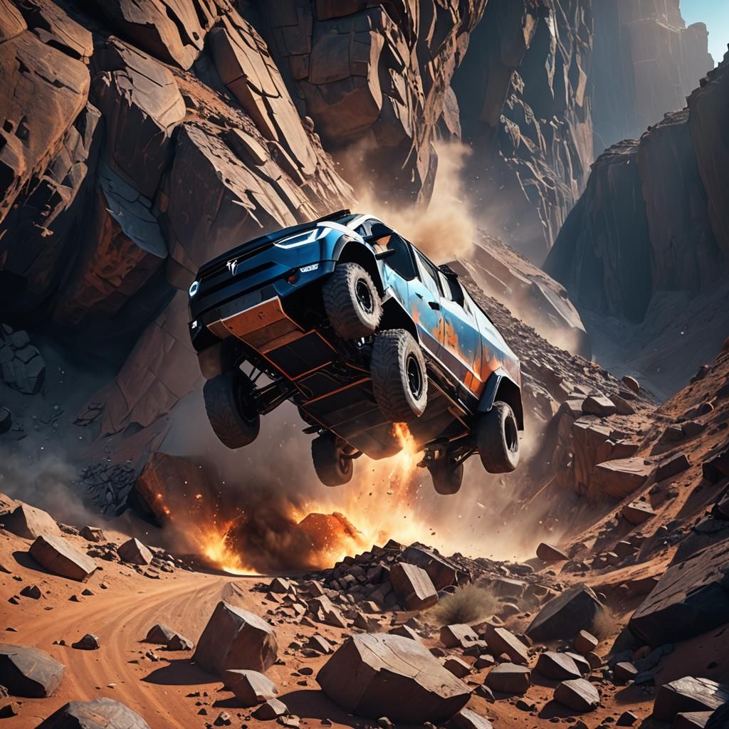 Tesla Cybertruck Cliff Fall: 3D Video Game Render