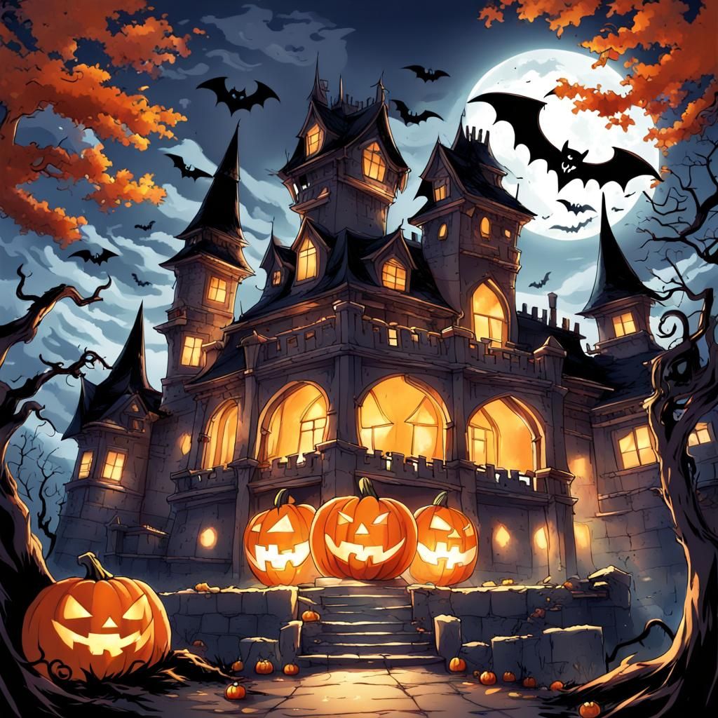 Halloween Scene with Ghost Castle in Anime Style