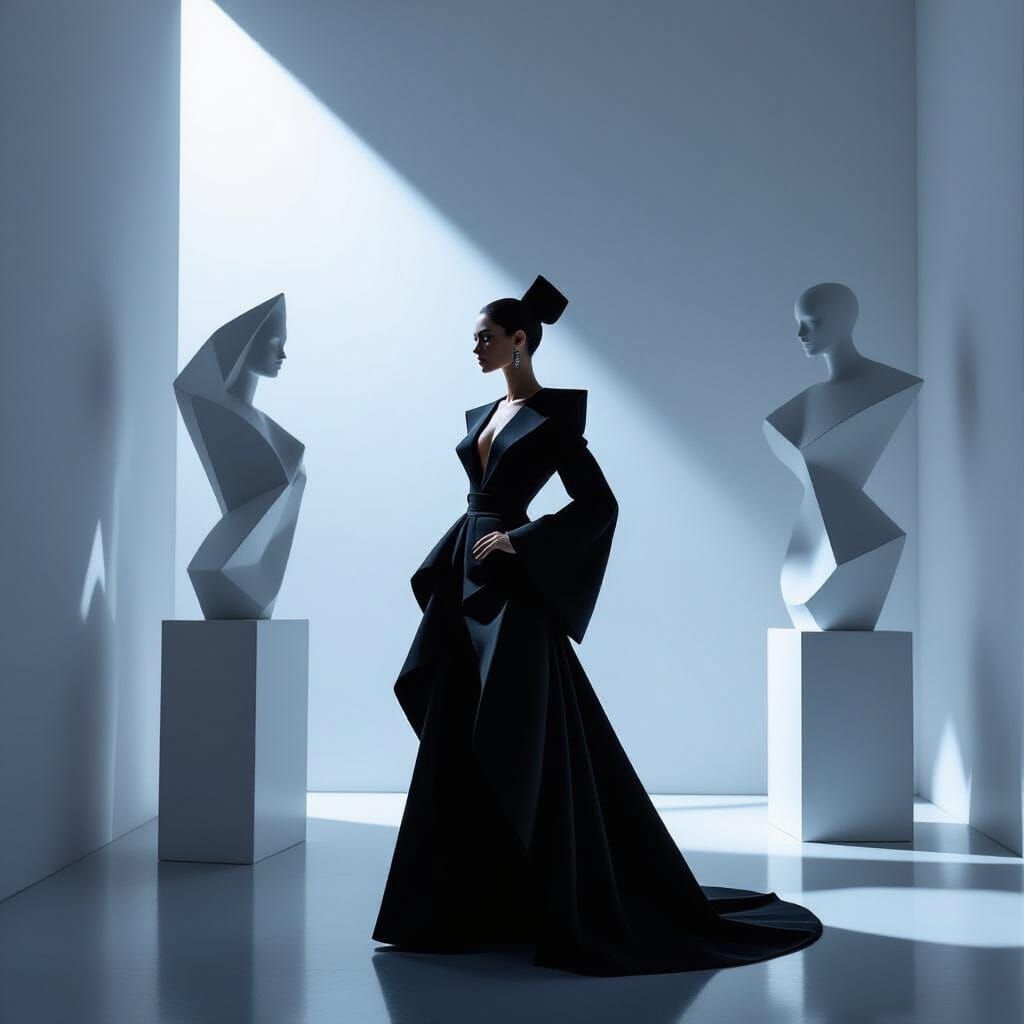 High Fashion Model Poses in Minimalist Gallery with Sculptur...