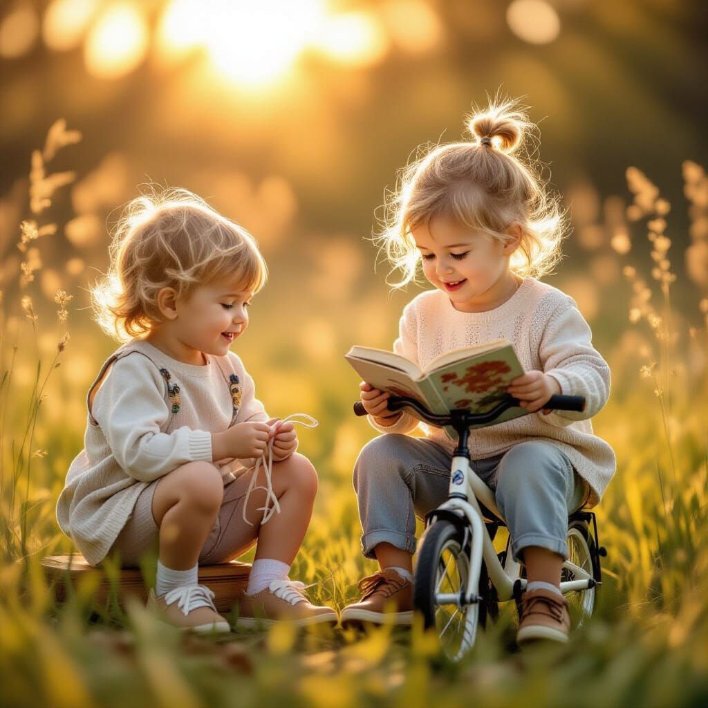 Joyful Children in Golden Hour Light, Realistic Photos